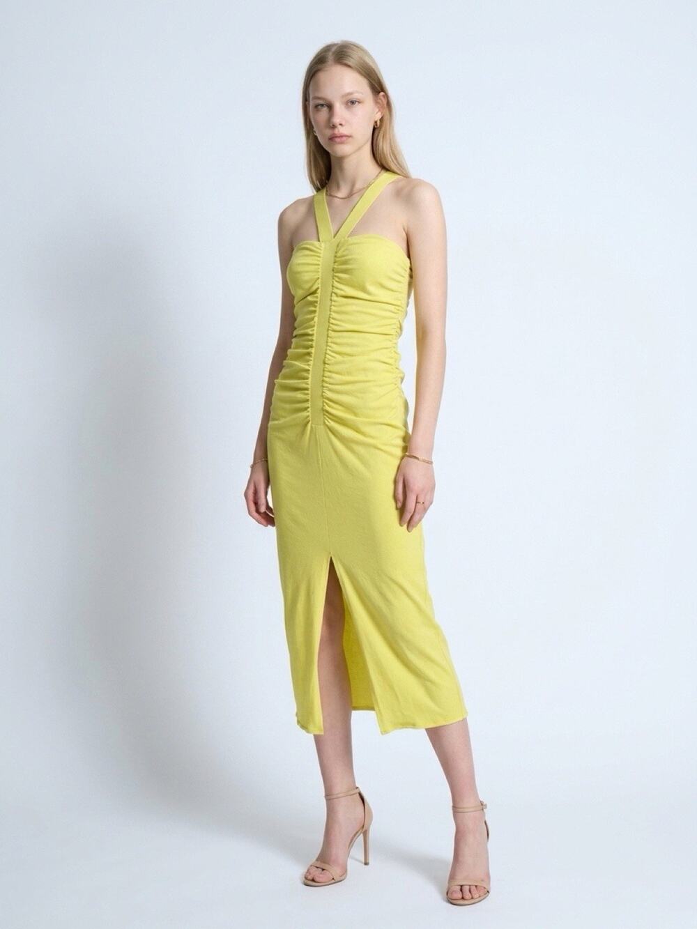 Jonathan Simkhai - Darya Ruched Ribbed Knit Midi Dress Size S Stretchy Yellow
